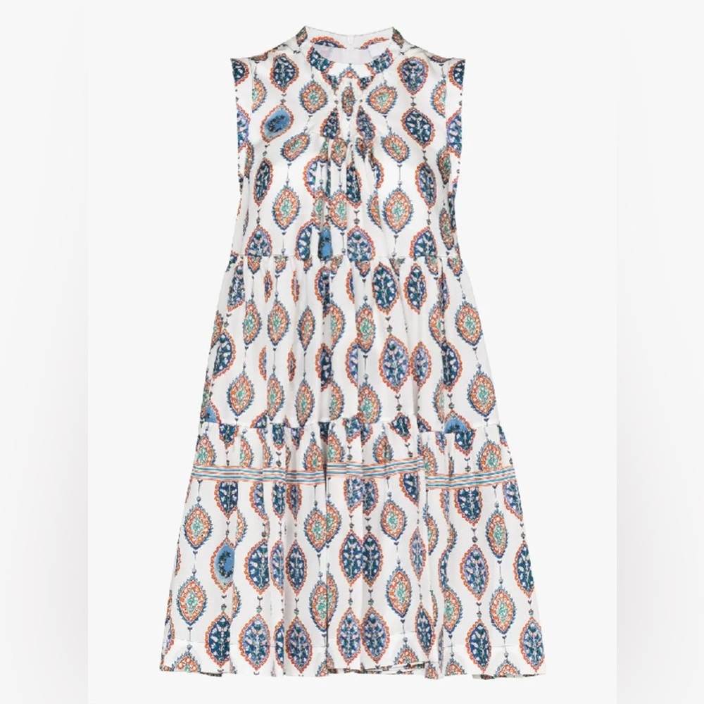 CHLOÉ Tiered Ceramic Print Babydoll Silk Mini Dress Paisley White Blue Sz 42 10 - Picture 7 of 11